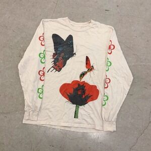 Altru Mens Butterfly Poppy Flower Graphic Long Sleeve T-Shirt Cream Large